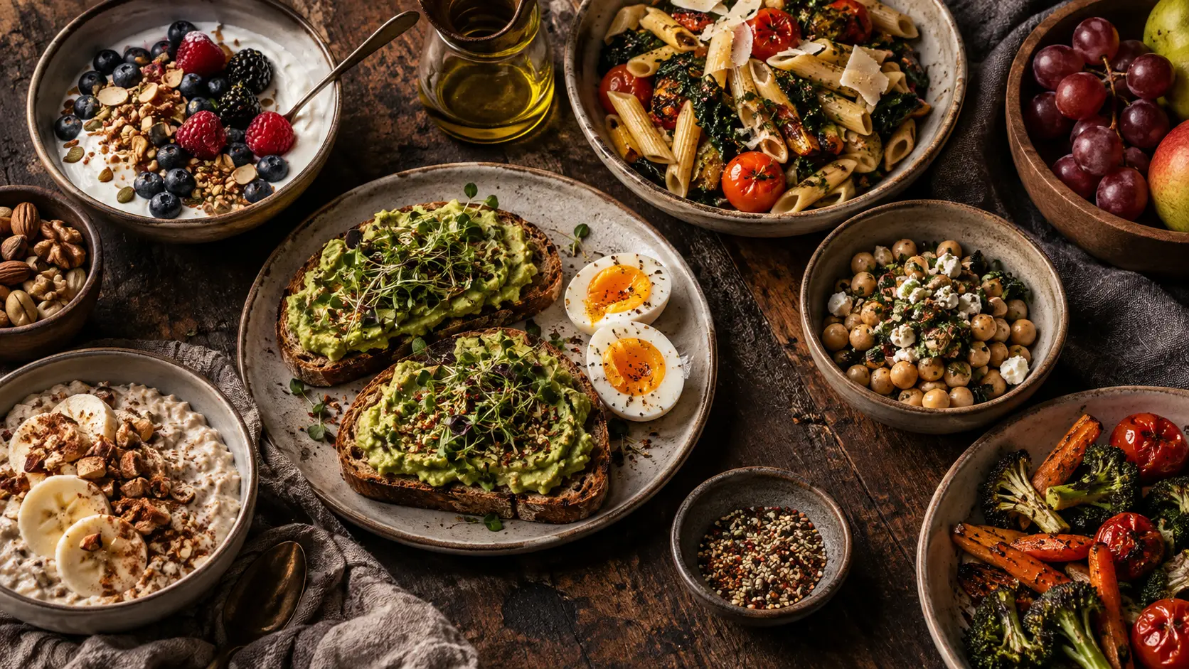 A breakfast spread of avocado toast with eggs, yogurt with berries, oats, pasta, chickpeas and roasted vegetables