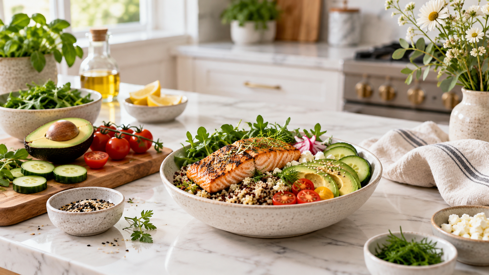 A salmon and quinoa bowl with avocado, tomatoes and greens on a kitchen counter
