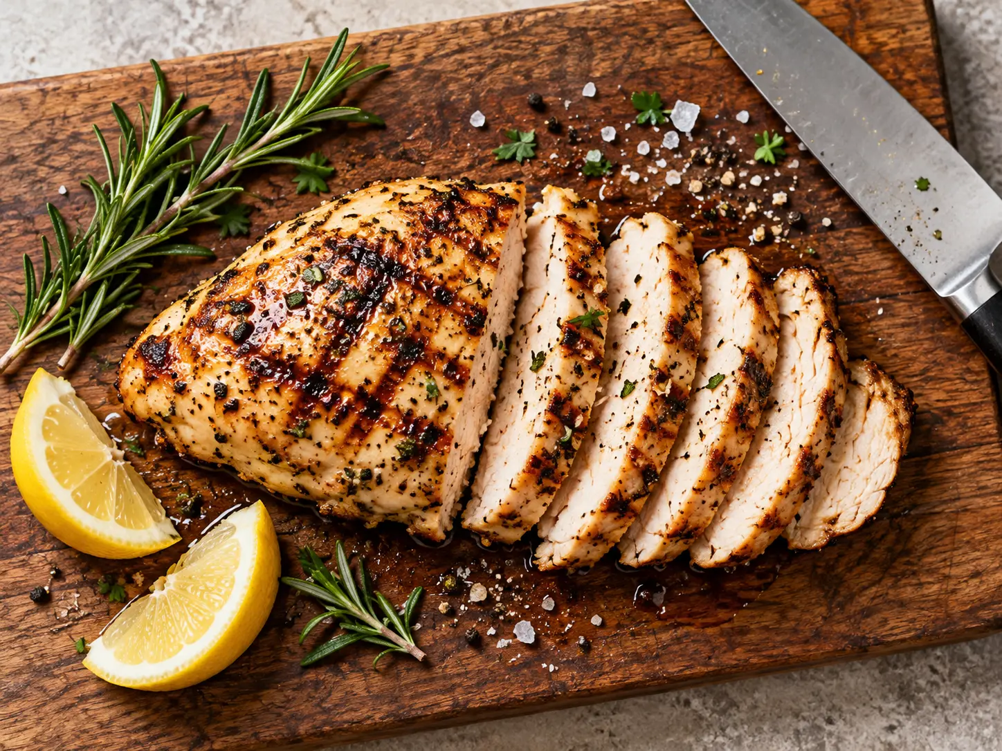 Herb-grilled chicken breast sliced on a wooden cutting board with lemon wedges, rosemary, salt and pepper