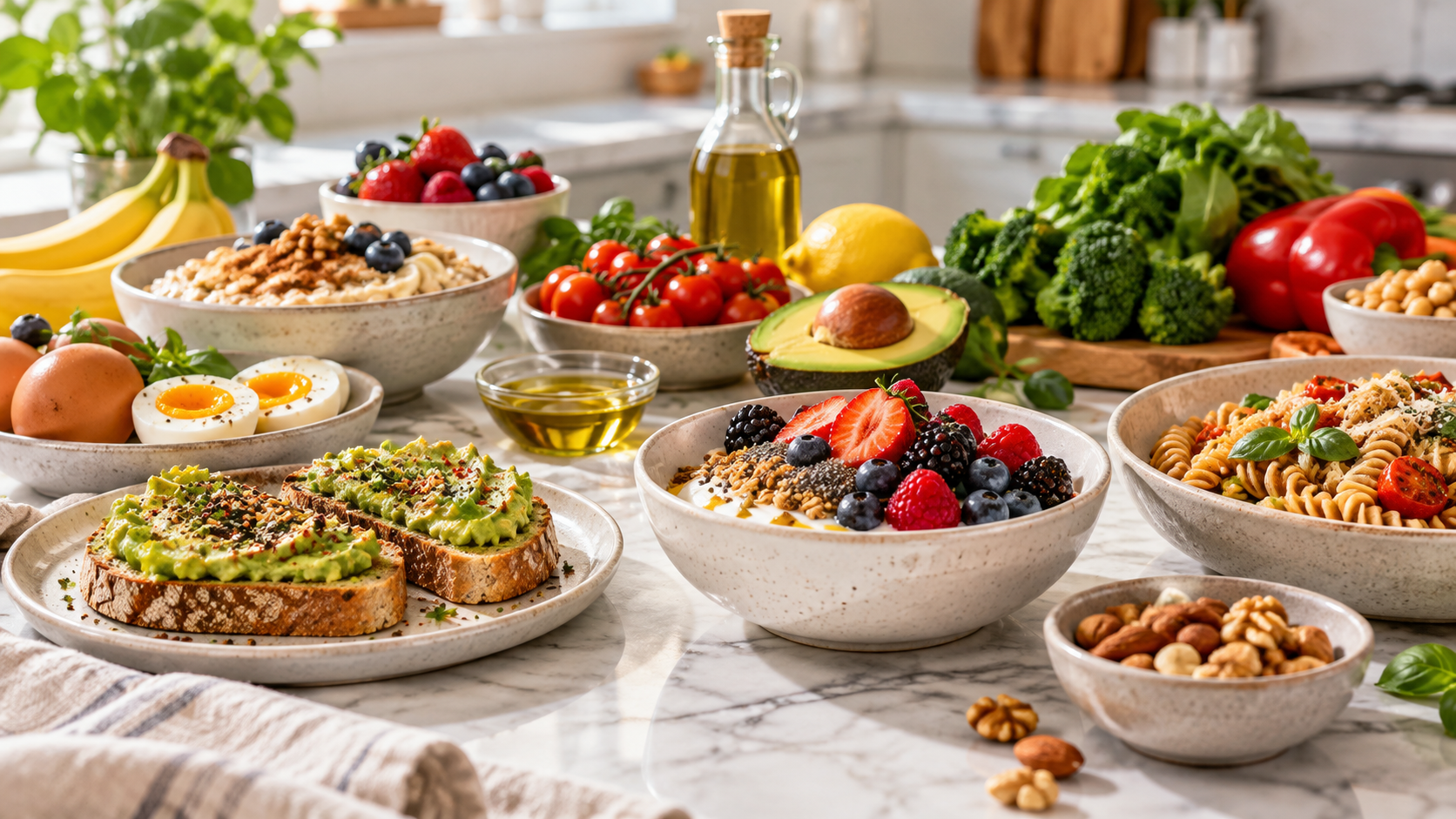 A spread of healthy foods including yogurt with berries, avocado toast, eggs, oats and vegetables on a kitchen counter